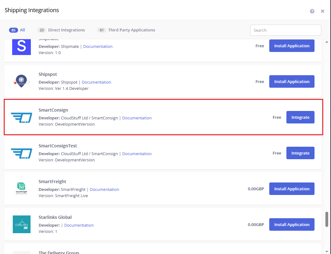 Integration list showing SmartConsign 2020