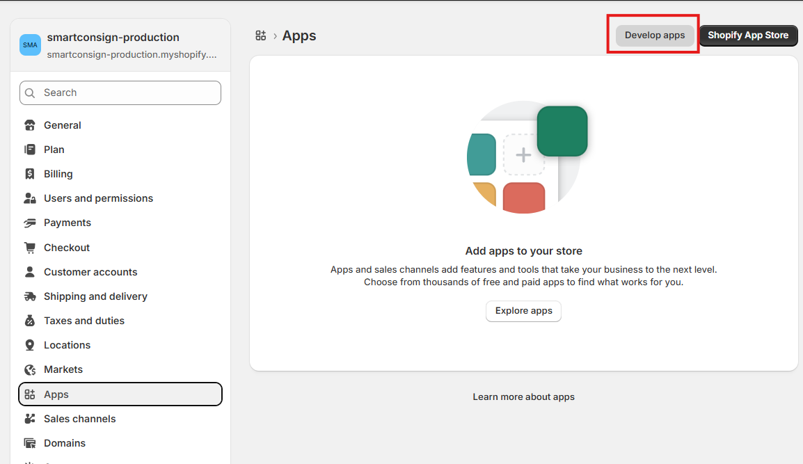 Shopify Apps page showing Develop apps