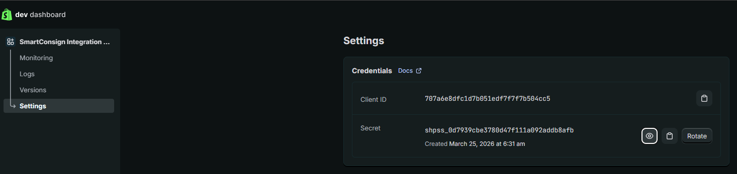 Shopify client credentials screen