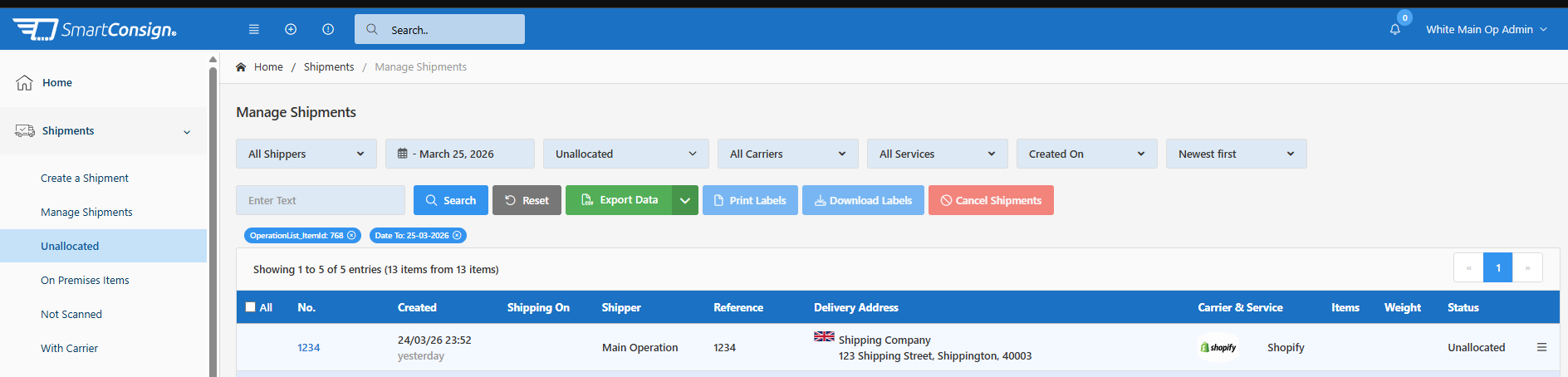 Unallocated Shipment