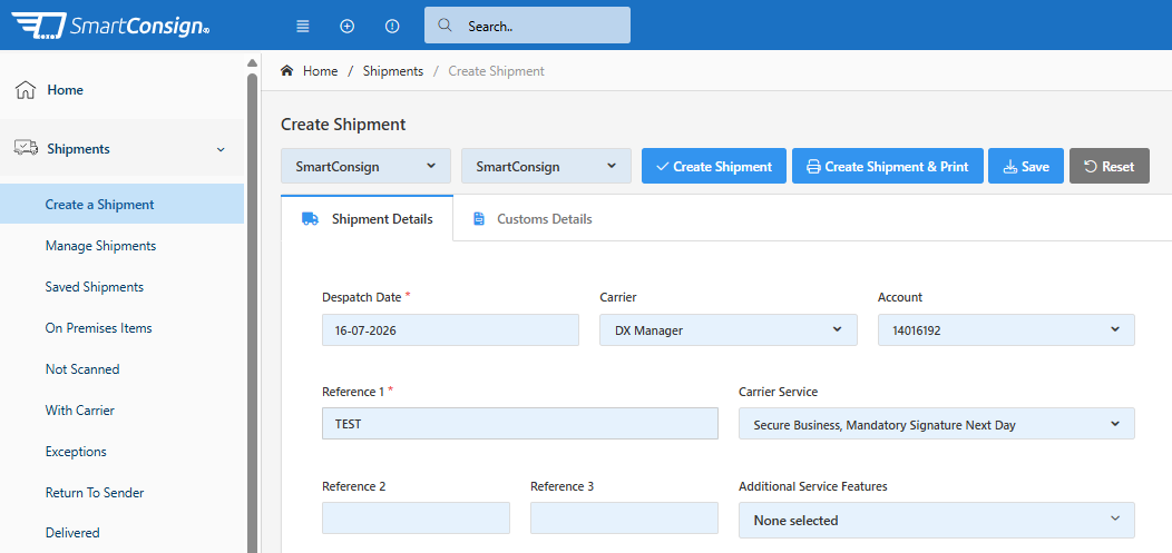 Create Shipment page