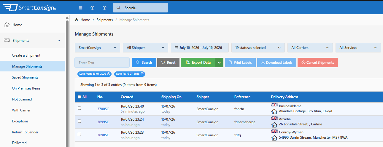 Manage Shipments page