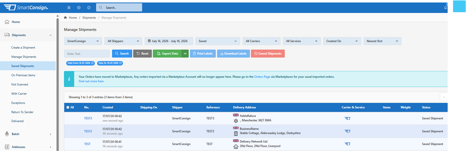 Saved Shipments page showing shipments saved in the SmartConsign Web UI