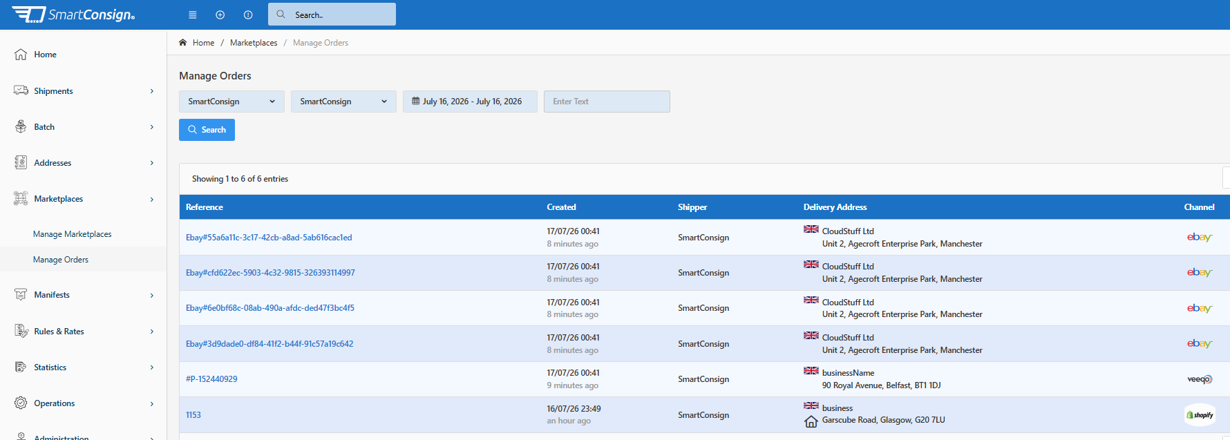 Manage Orders page showing orders received from connected sales channels