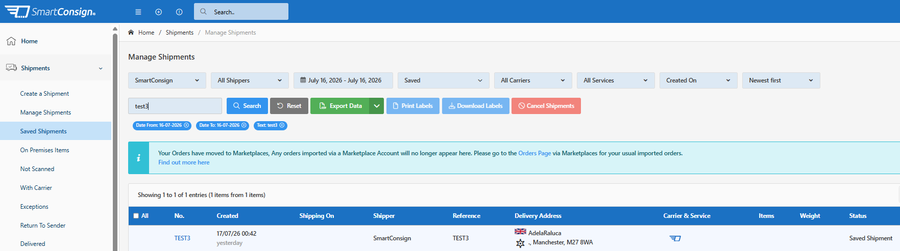 Search and filter controls on the Saved Shipments page