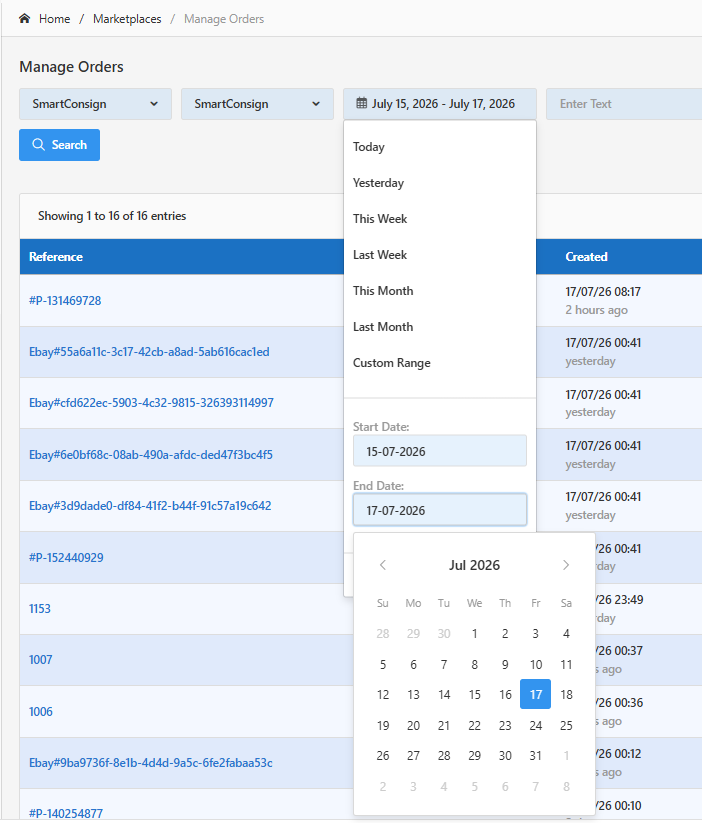 Date range options on the Manage Orders page