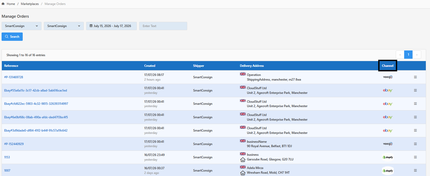 Channel column showing the source marketplace for each order