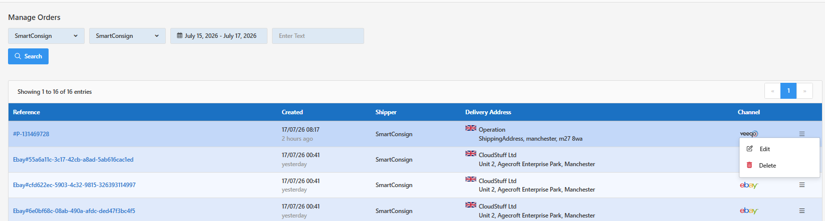 Actions menu for a marketplace order