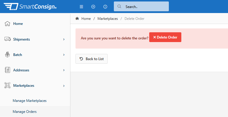 Delete Order confirmation page