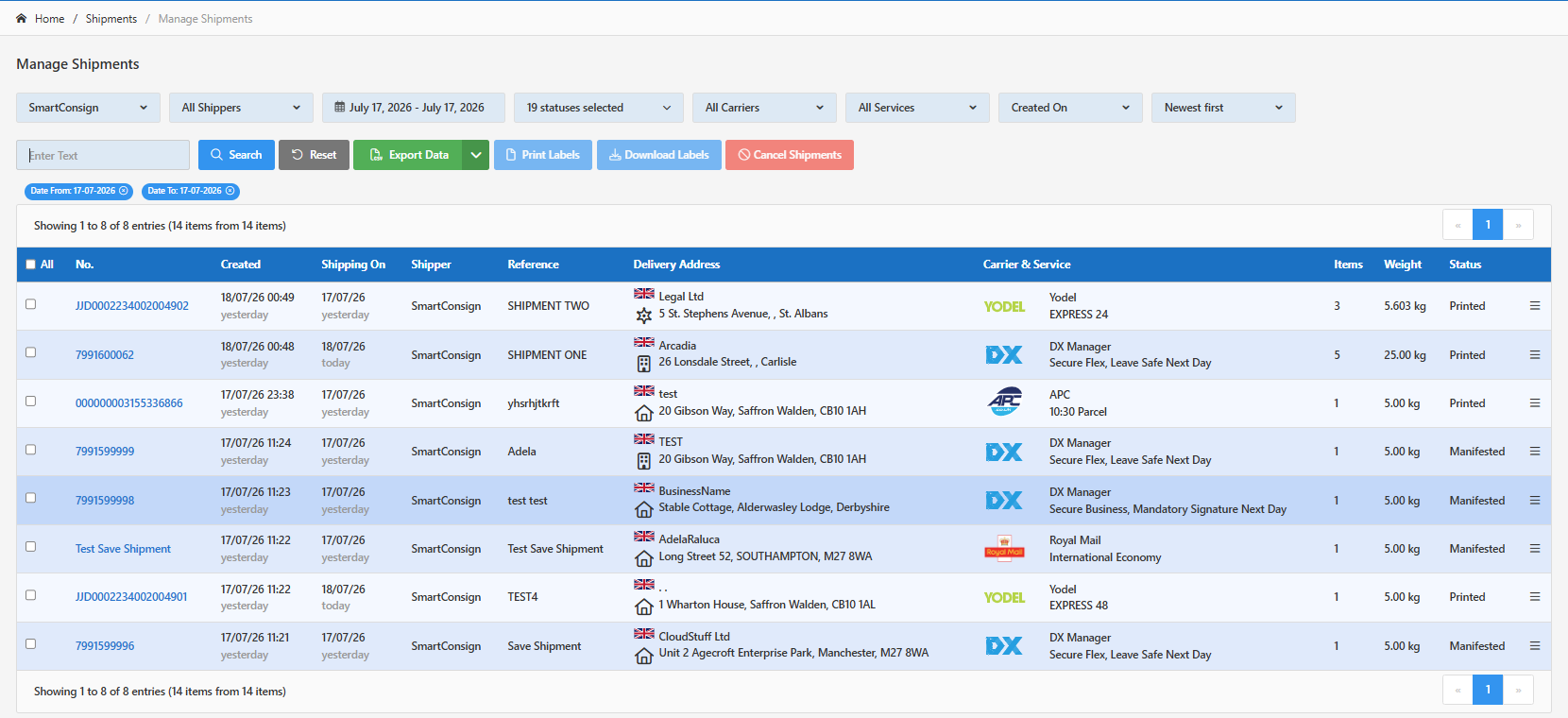 Manage Shipments page showing filters, shipment results, and available actions