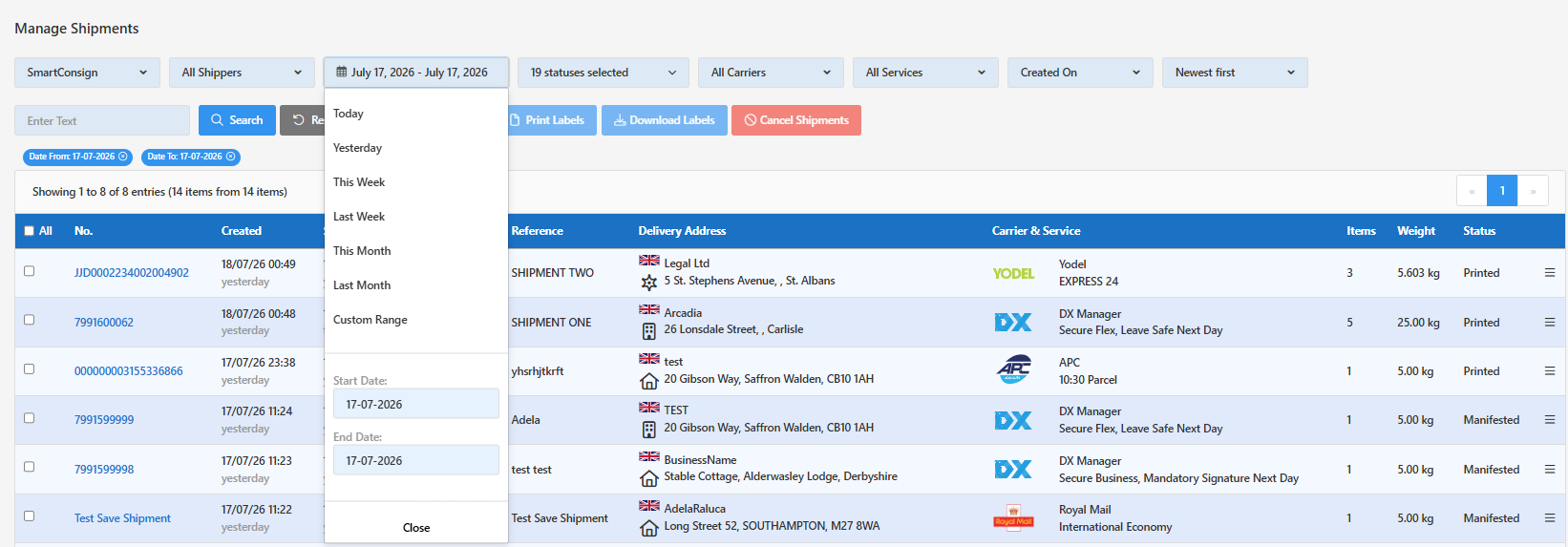 Date Type filter on the Manage Shipments page